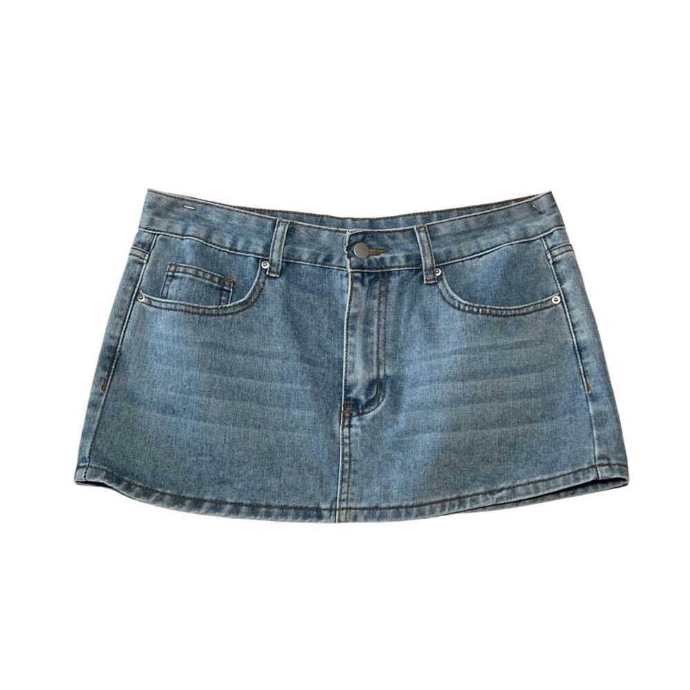 Low Rise Denim Micro Mini Skirt Juniors Medium Blue Wash Y2K McBling Baddie